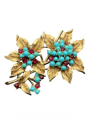 Crown Trifari gold tone blue & burgundy cabochon leaves flowers brooch pin
